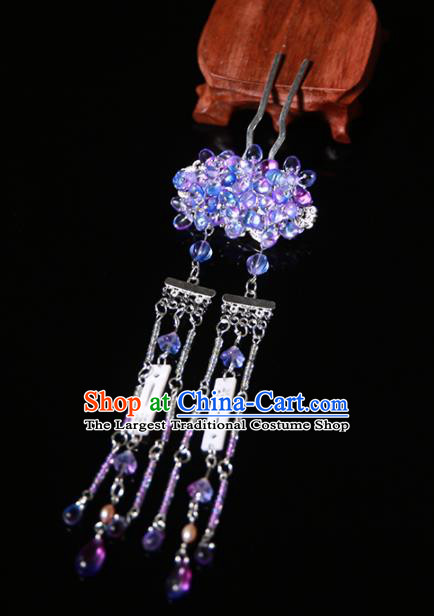 Chinese Ancient Traditional Hanfu Purple Crystal Tassel Hairpins Handmade Classical Hair Accessories for Women