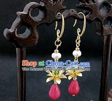 Chinese Ancient Handmade Tourmaline Earrings Traditional Classical Hanfu Ear Jewelry Accessories for Women
