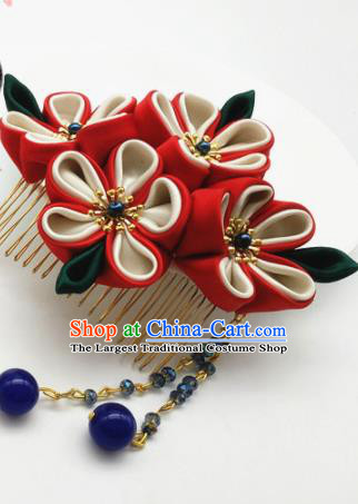 Asian Japanese Traditional Geisha Red Flowers Hair Comb Japan Kimono Handmade Classical Hair Accessories for Women