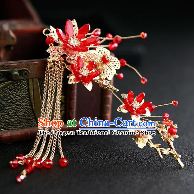 Chinese Ancient Traditional Hanfu Red Flowers Hair Comb Hairpins Handmade Classical Hair Accessories for Women