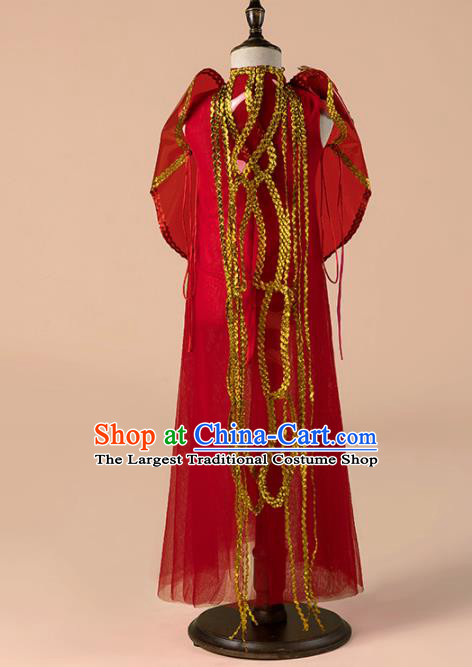 Children Catwalks Costume Girls Compere Modern Dance Red Veil Qipao Dress for Kids
