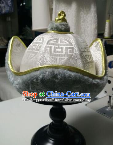 Traditional Chinese Mongol Nationality Folk Dance Hats Mongols Ethnic White Hat for Men