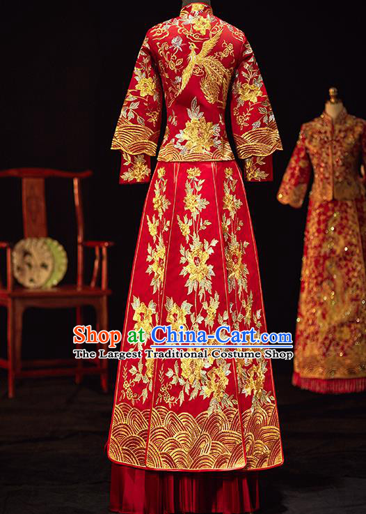 Chinese Traditional Wedding Costumes Ancient Bride Embroidered Phoenix Peony Xiuhe Suits Red Full Dress for Women