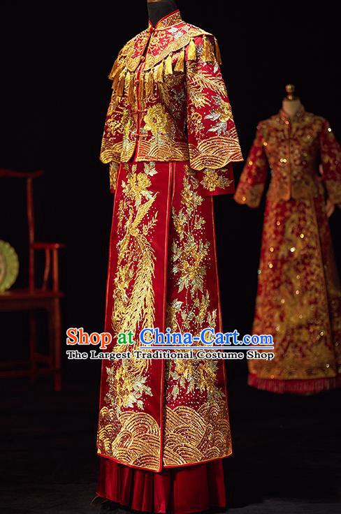 Chinese Traditional Wedding Costumes Ancient Bride Embroidered Diamante Xiuhe Suits Red Full Dress for Women