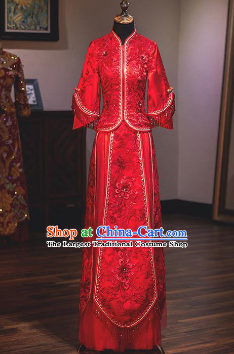 Chinese Traditional Wedding Costumes Bride Embroidered Xiuhe Suits Ancient Toast Red Full Dress for Women