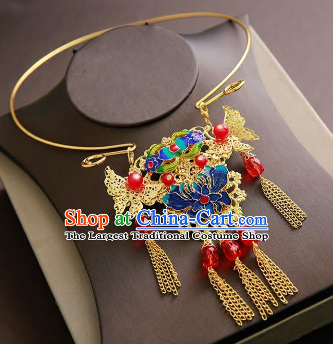 Chinese Ancient Handmade Blueing Chrysanthemum Necklace Traditional Classical Hanfu Jewelry Accessories for Women