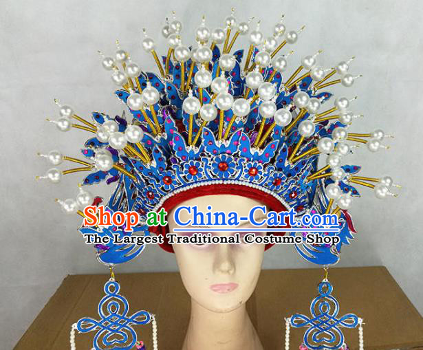 Chinese Traditional Peking Opera Blue Butterfly Phoenix Coronet Beijing Opera Diva Chaplet Hats for Women