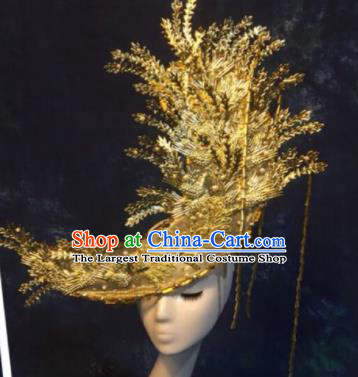 Halloween Cosplay Deluxe Hair Accessories Chinese Traditional Catwalks Golden Hat Headwear for Women