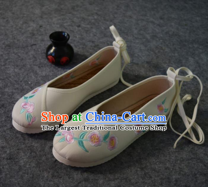 Chinese Traditional Hanfu Shoes Ancient Princess Shoes Beige Embroidered Shoes for Women