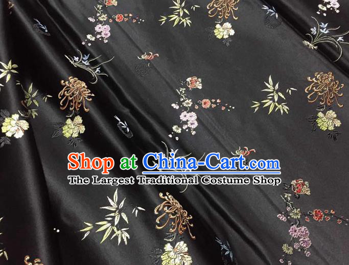 Asian Chinese Tang Suit Black Brocade Silk Fabric Traditional Plum Blossom Orchid Bamboo Chrysanthemum Pattern Design Satin Material
