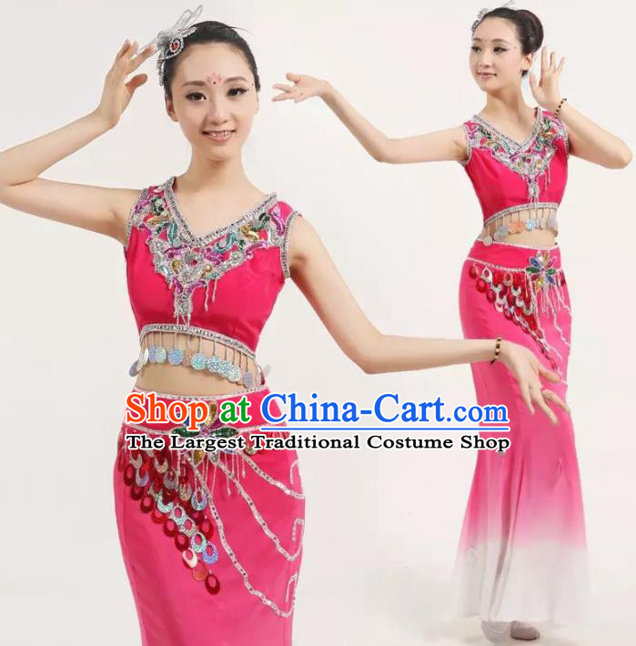 Chinese Traditional Classical Dance Costumes Stage Performance Peacock Dance Rosy Dress for Women