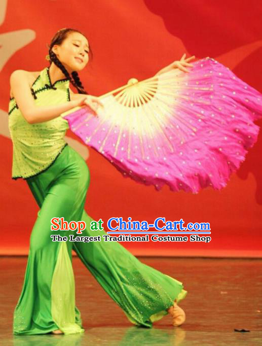 Chinese Traditional Folk Dance Costumes Stage Performance Fan Dance Green Dress for Women