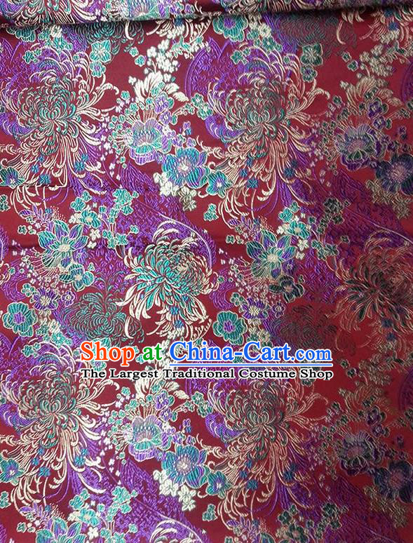 Asian Traditional Chrysanthemum Pattern Design Wine Red Satin Material Chinese Tang Suit Brocade Silk Fabric