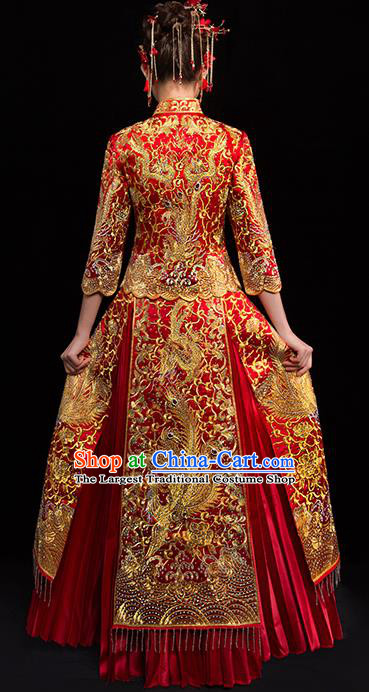 Chinese Traditional Wedding Dress Red Diamante Xiuhe Suits Ancient Bride Handmade Embroidered Costumes for Women