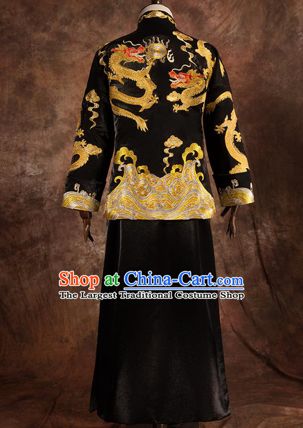 Chinese Traditional Wedding Costumes Bridegroom Embroidered Dragon Tang Suit Black Gown for Men