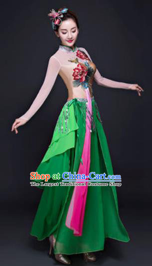 Chinese Traditional Classical Dance Lotus Dance Costumes Umbrella Dance Green Dress for Women
