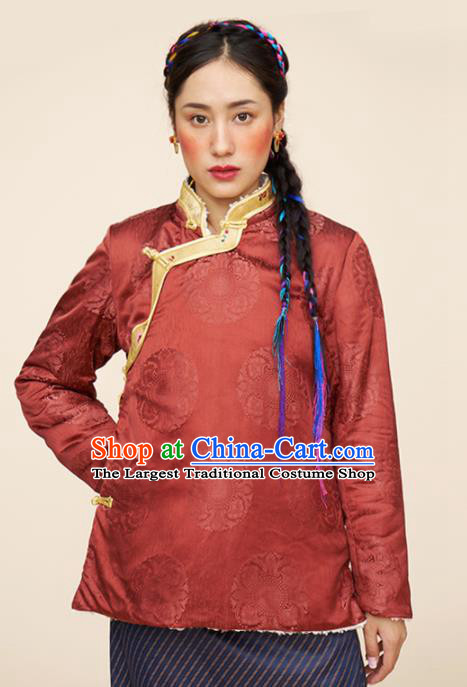 Traditional Chinese Zang Nationality Dance Costumes Ethnic Folk Dance Tibetan Red Jacket for Women