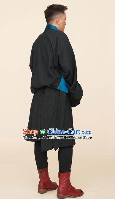 Traditional Chinese Zang Nationality Dance Costumes Black Tibetan Robe Folk Dance Ethnic Clothing for Men