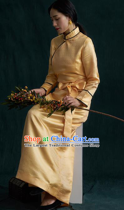 Traditional Chinese Zang Nationality Dance Costumes Yellow Tibetan Robe Ethnic Folk Dance Dress for Women