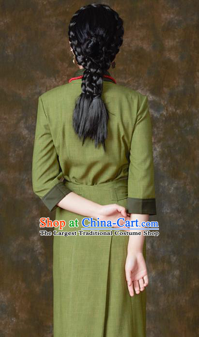 Traditional Chinese Zang Nationality Dance Costumes Green Tibetan Robe Ethnic Folk Dance Dress for Women