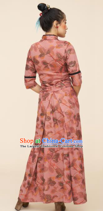Traditional Chinese Zang Nationality Dance Costumes Tibetan Ethnic Folk Dance Pink Dress for Women
