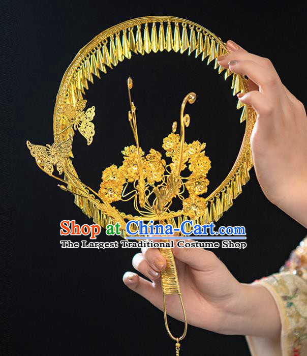 Chinese Ancient Wedding Accessories Bride Handmade Round Fans Golden Palace Fans for Women