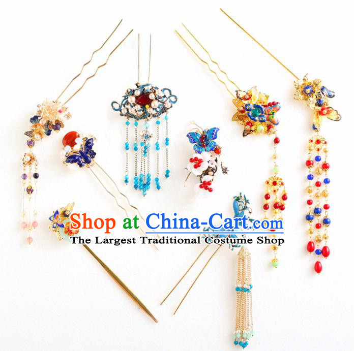 Chinese Ancient Bride Wedding Hair Accessories Blueing Hair Clips Tassel Hairpins Headwear for Women