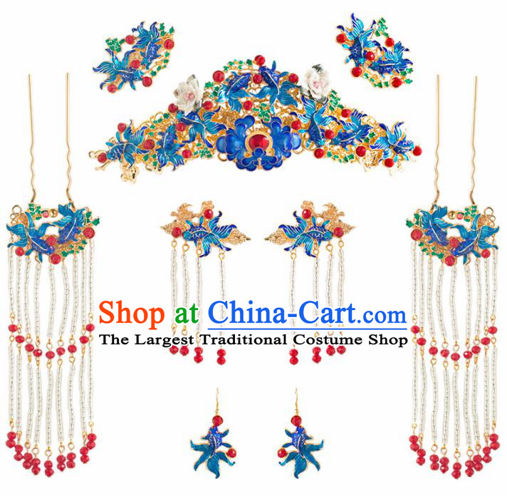 Chinese Ancient Bride Blueing Hair Crown Wedding Hair Accessories Hairpins Headwear for Women