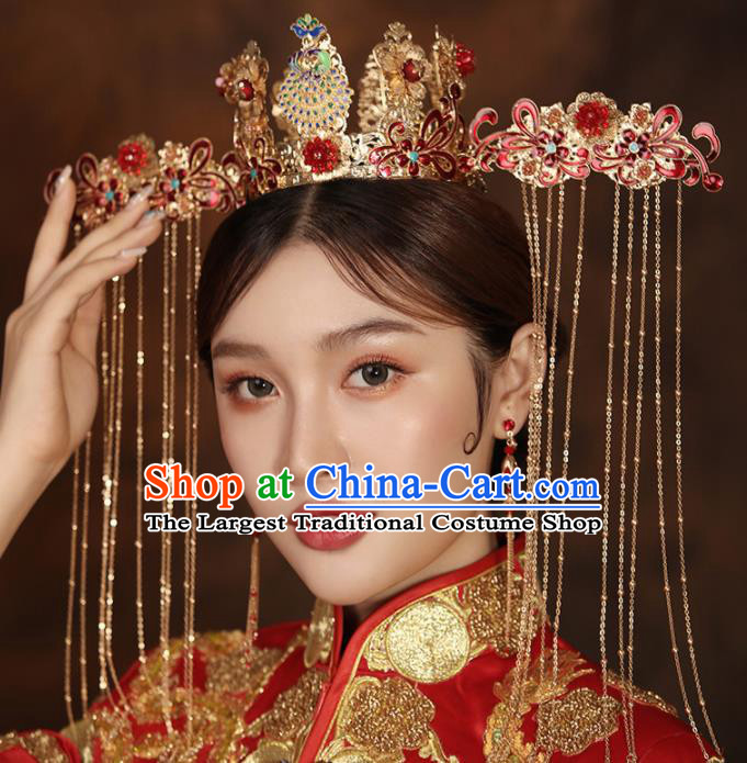 Chinese Ancient Bride Red Phoenix Coronet Wedding Hair Accessories Palace Hairpins Headwear for Women