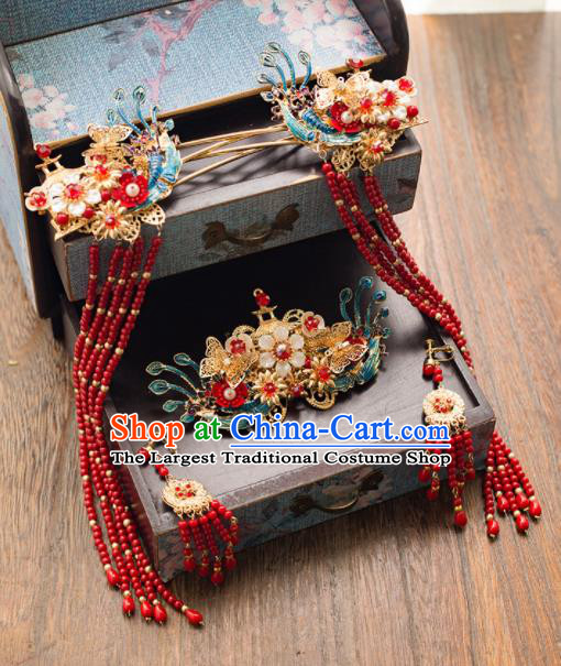 Chinese Ancient Bride Blueing Hair Crown Wedding Hair Accessories Palace Tassel Hairpins Headwear for Women