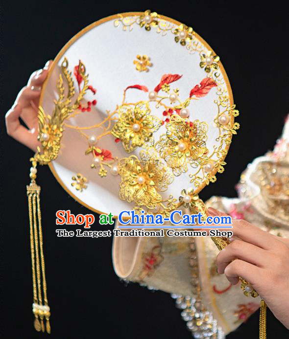 Chinese Ancient Wedding Accessories Bride Palace Fans Phoenix Tassel Round Fan for Women