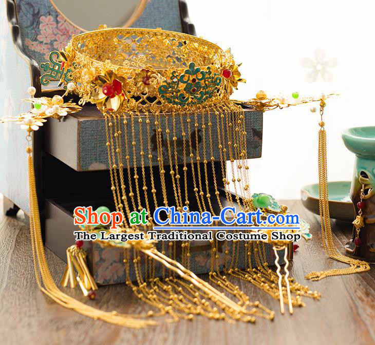 Chinese Ancient Palace Bride Blueing Phoenix Coronet Wedding Hair Accessories Tassel Hairpins Headwear for Women