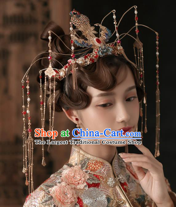 Chinese Ancient Bride Luxurious Phoenix Coronet Wedding Hair Accessories Palace Tassel Hairpins Headwear for Women