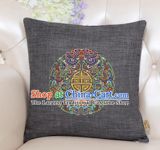 Chinese Classical Household Ornament Traditional Handmade Embroidered Grey Linen Cushion