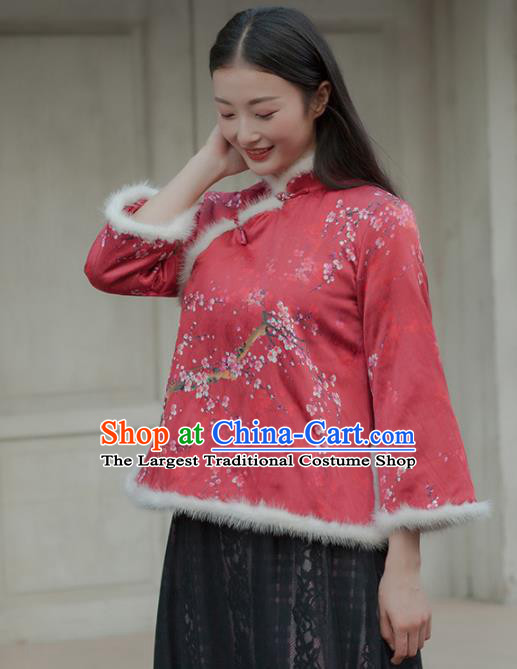 Chinese Traditional Costumes National Tang Suit Qipao Blouse Red Cotton Padded Jacket for Women