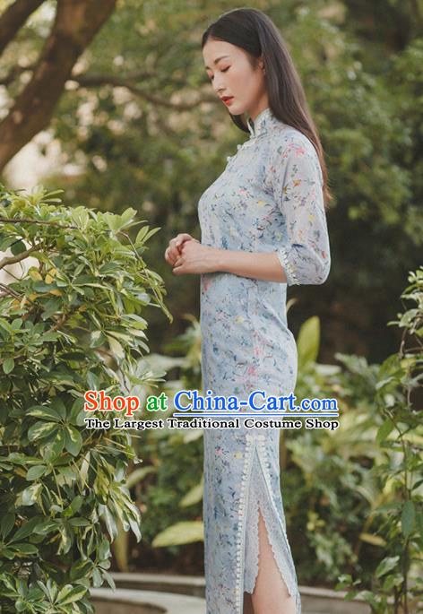 Chinese Traditional Costumes National Qipao Dress Blue Cheongsam for Women