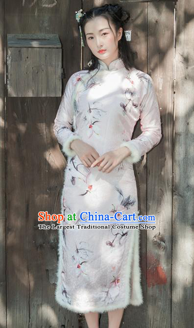 Chinese Traditional Costumes National Qipao Dress Mink Wool Cheongsam for Women