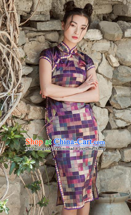 Chinese Traditional Costumes National Qipao Dress Classical Purple Silk Cheongsam for Women