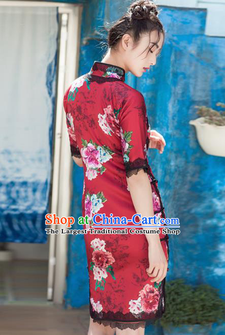Chinese Traditional Costumes National Qipao Dress Classical Red Silk Cheongsam for Women