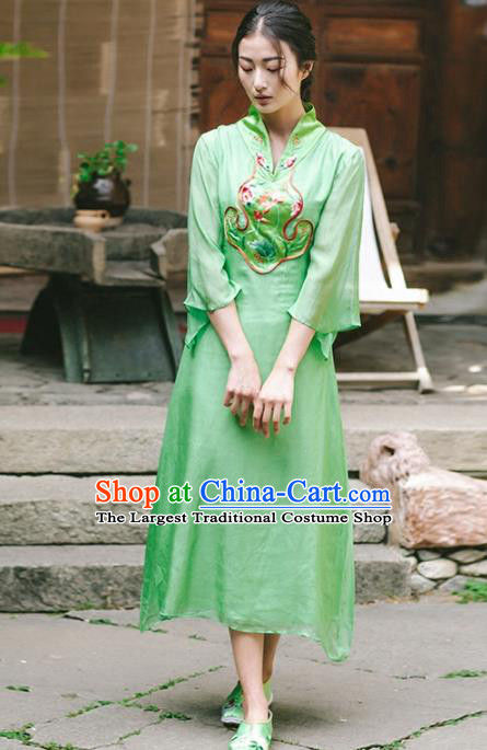 Chinese Traditional Costumes National Embroidered Green Qipao Dress Tang Suit Cheongsam for Women