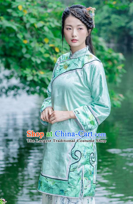 Chinese Traditional Costumes National Upper Outer Garment Green Silk Qipao Coat for Women