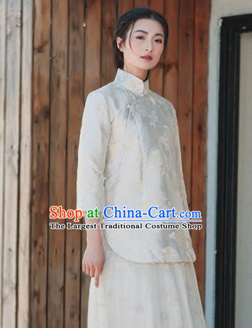 Chinese Traditional Costumes National White Silk Blouse Tang Suit Qipao Upper Outer Garment for Women