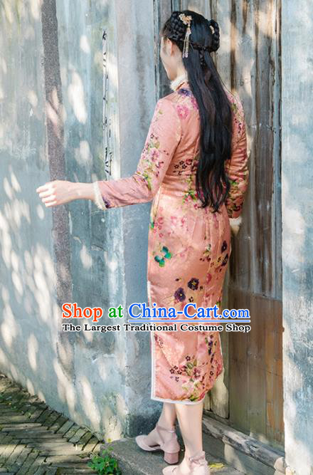 Chinese Traditional Costumes National Pink Silk Qipao Dress Mink Wool Cheongsam for Women