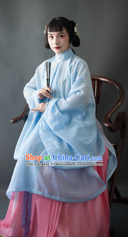 Chinese Traditional Ancient Ming Dynasty Historical Costumes Blue Blouse and Pink Skirt Complete Set for Women