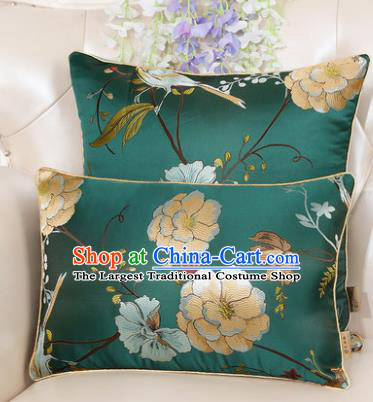 Chinese Classical Household Ornament Peony Pattern Green Brocade Back Cushion Traditional Handmade Waist Pillow