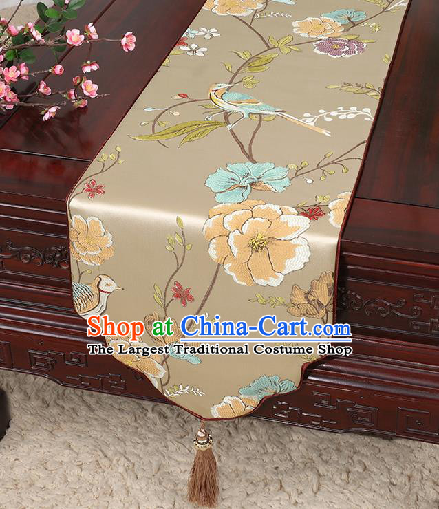 Chinese Classical Household Ornament Flowers and Bird Pattern Khaki Brocade Table Flag Traditional Handmade Table Cloth