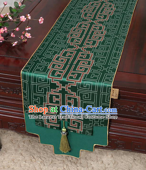 Chinese Classical Household Ornament Green Brocade Table Flag Traditional Handmade Jade Pendant Table Cover Cloth