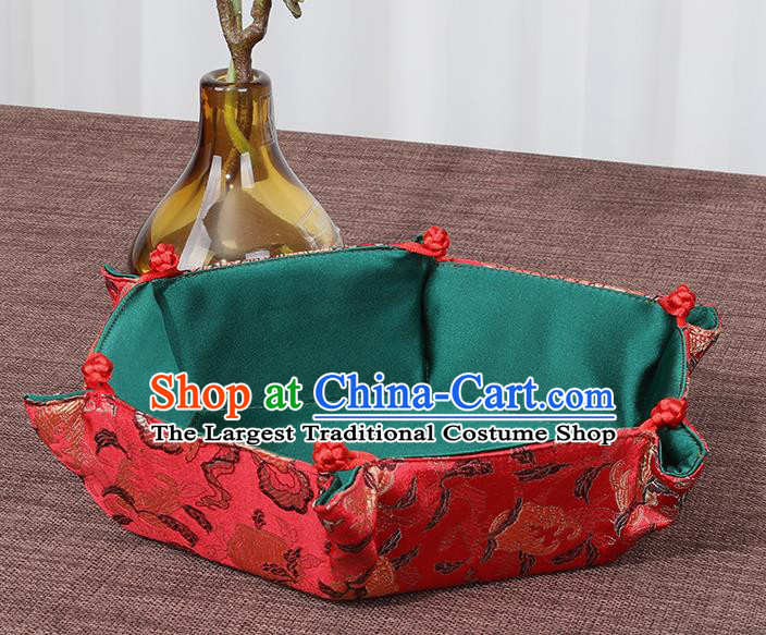 Chinese Traditional Household Accessories Classical Flowers Pattern Red Brocade Storage Box Candy Tray