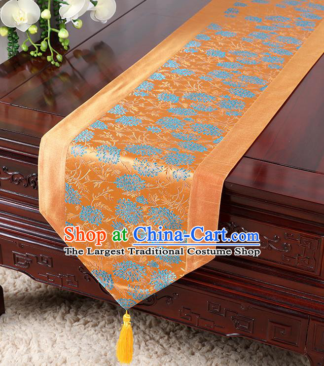 Chinese Traditional Table Cloth Classical Handmade Household Ornament Chrysanthemum Pattern Orange Brocade Table Flag