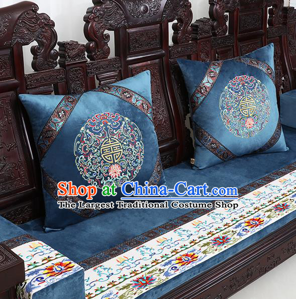 Chinese Traditional Embroidered Lotus Blue Brocade Back Cushion Cover Classical Household Ornament